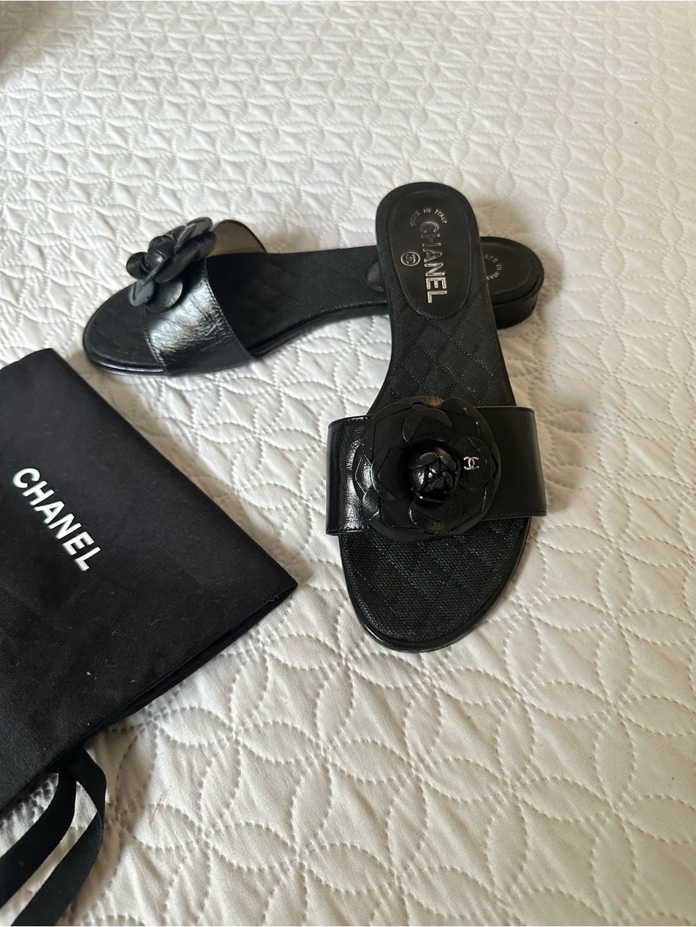 CHANEL Black Camellia Leather Slide Sandals